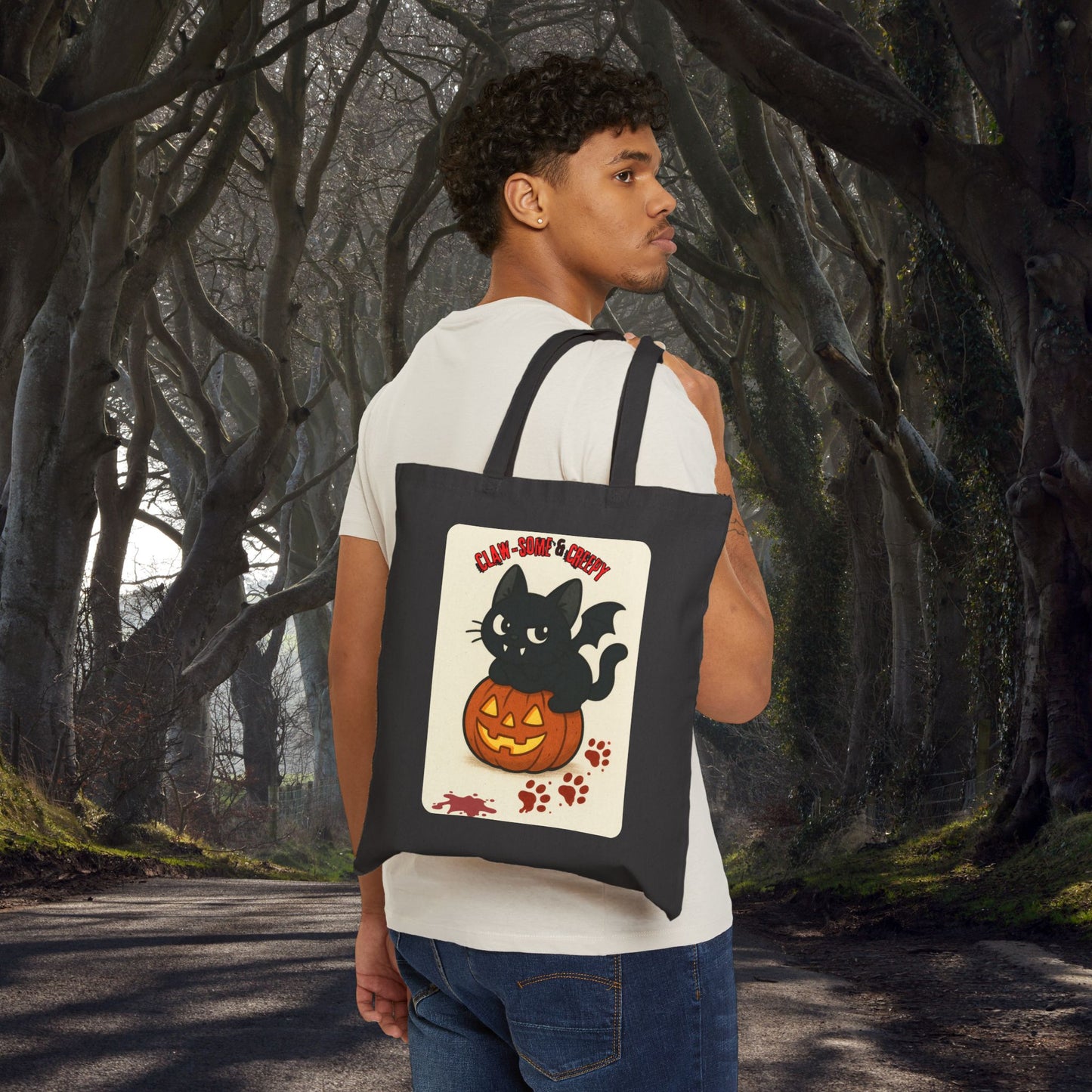 Claw-Some and Creepy - Halloween Cat Tote Bag, Spooky Canvas Shopper, Trick or Treat Gift, Pumpkin Decoration, Fall Accessory