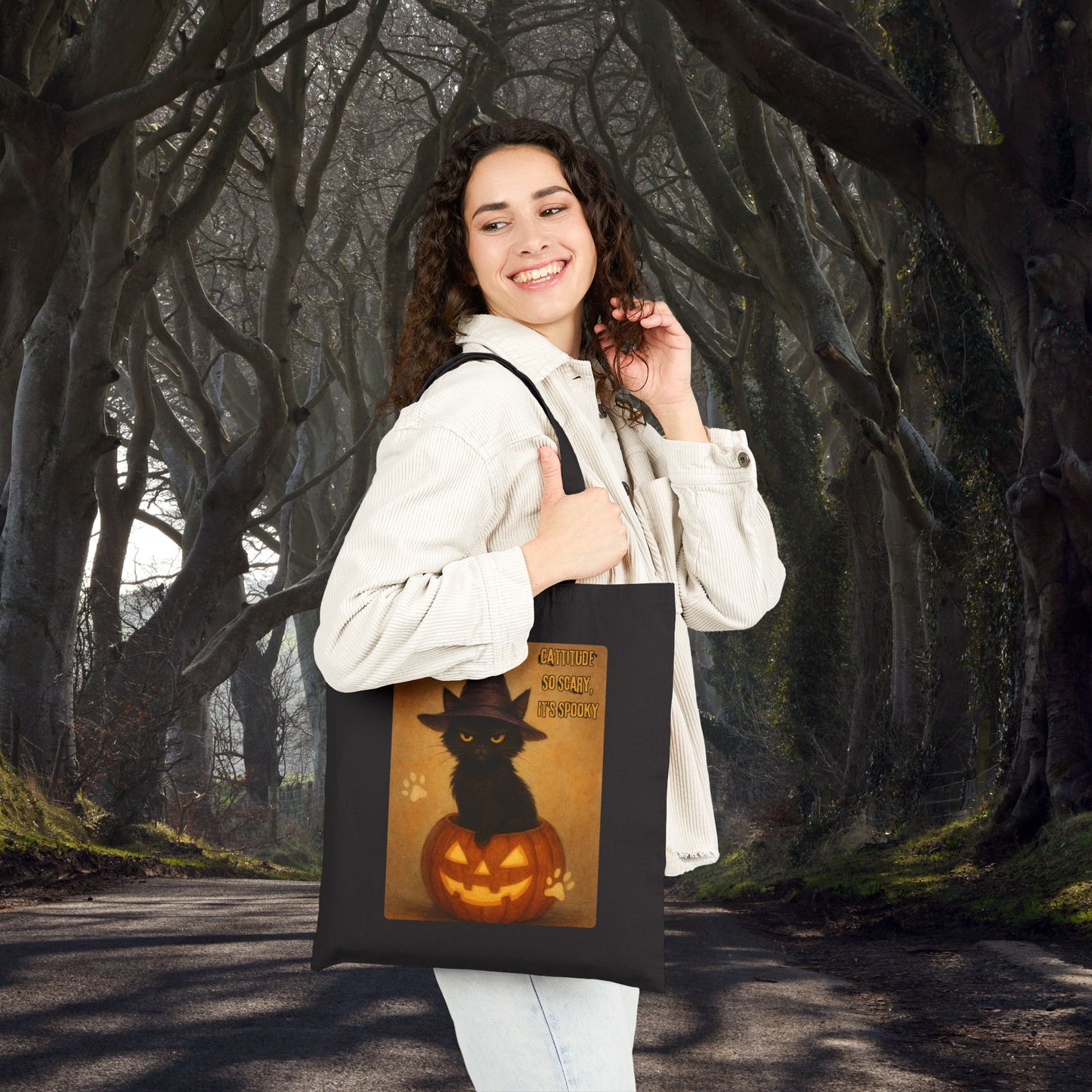 Catitude So Scary, It's Spooky Halloween Cat Tote Bag, Fabric Shopping Bag, Gift for Cat Lovers, Eco-Friendly Reusable Tote, Halloween Decoration
