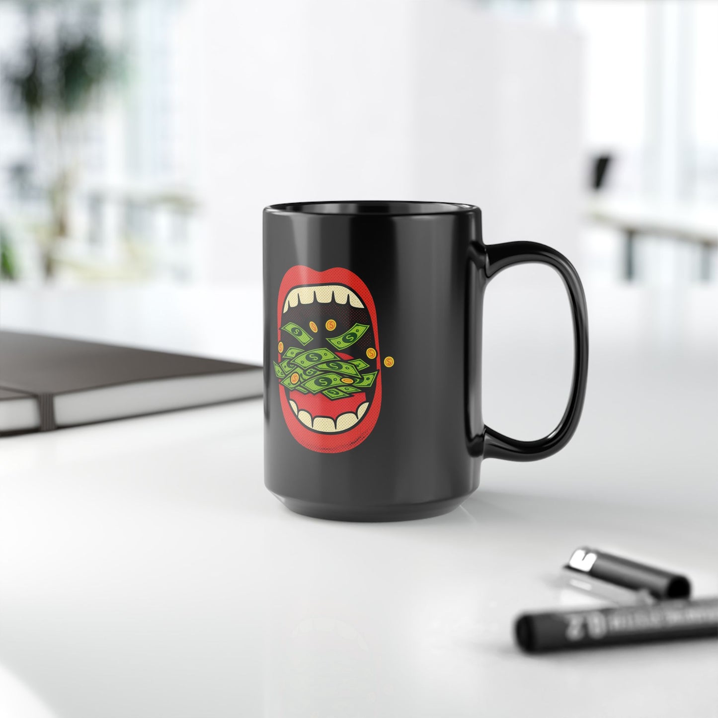 Money Mouth Mug — "Eating Prosperity" Black Coffee Cup with Cash-Throwing Lips (11oz, 15oz)