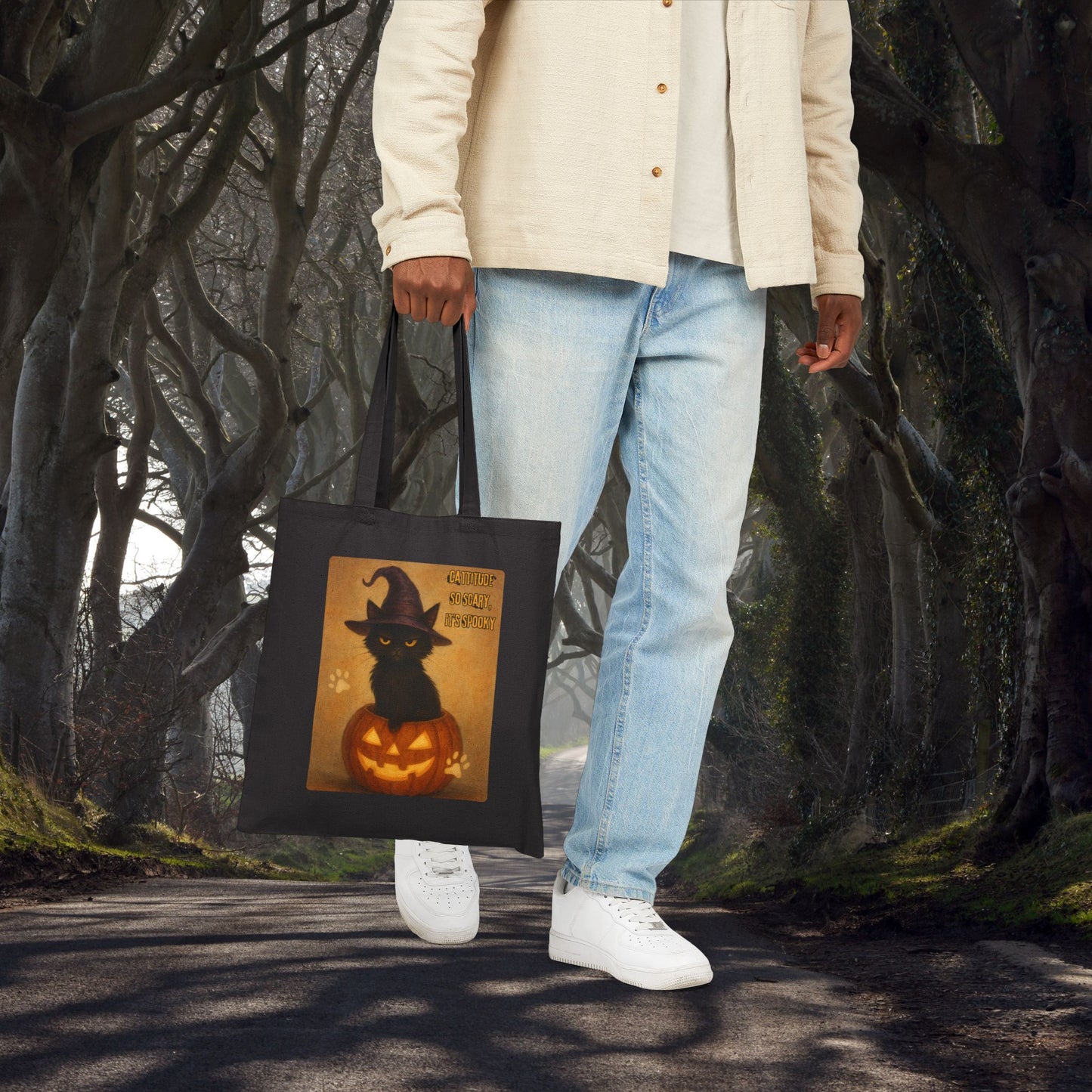 Catitude So Scary, It's Spooky Halloween Cat Tote Bag, Fabric Shopping Bag, Gift for Cat Lovers, Eco-Friendly Reusable Tote, Halloween Decoration