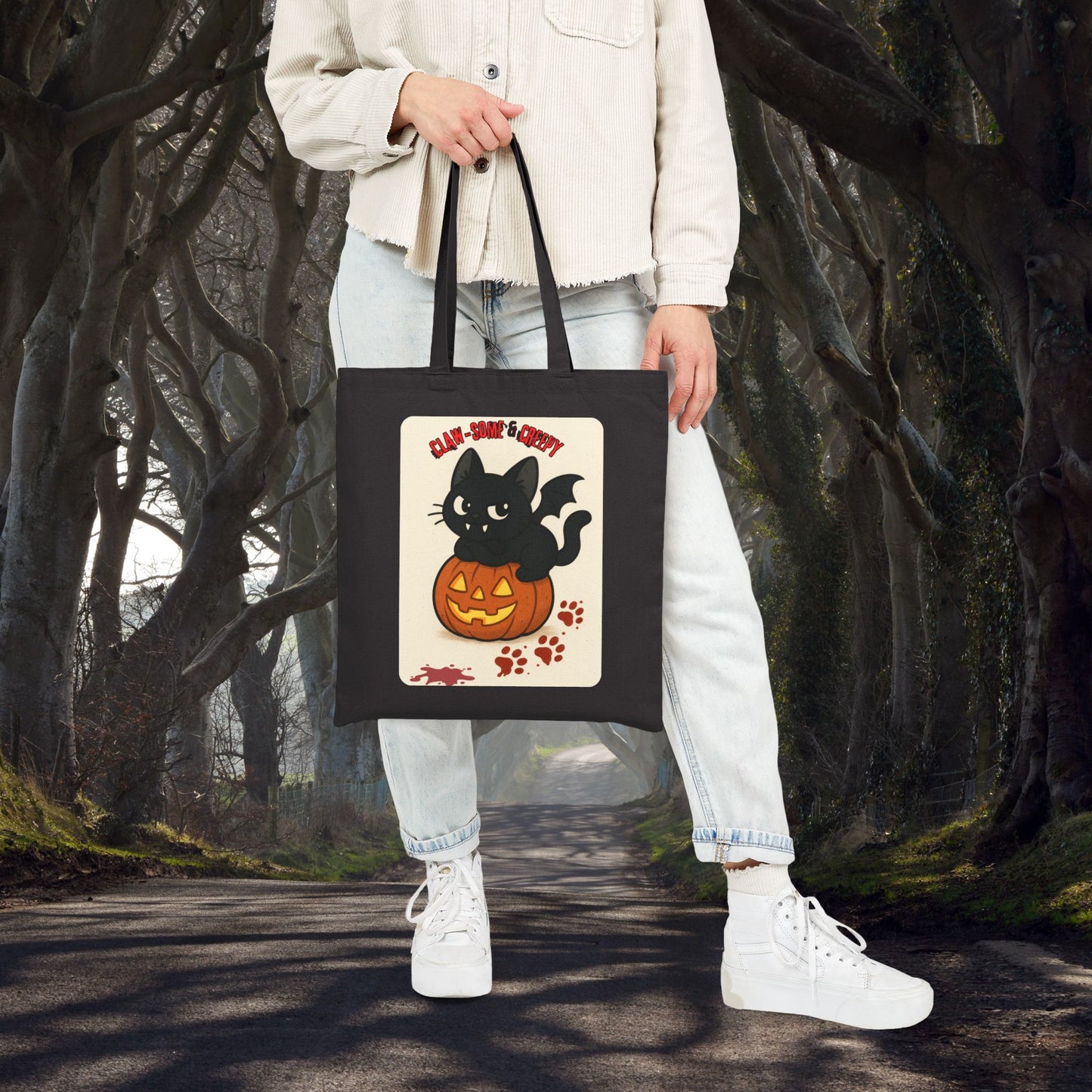 Claw-Some and Creepy - Halloween Cat Tote Bag, Spooky Canvas Shopper, Trick or Treat Gift, Pumpkin Decoration, Fall Accessory