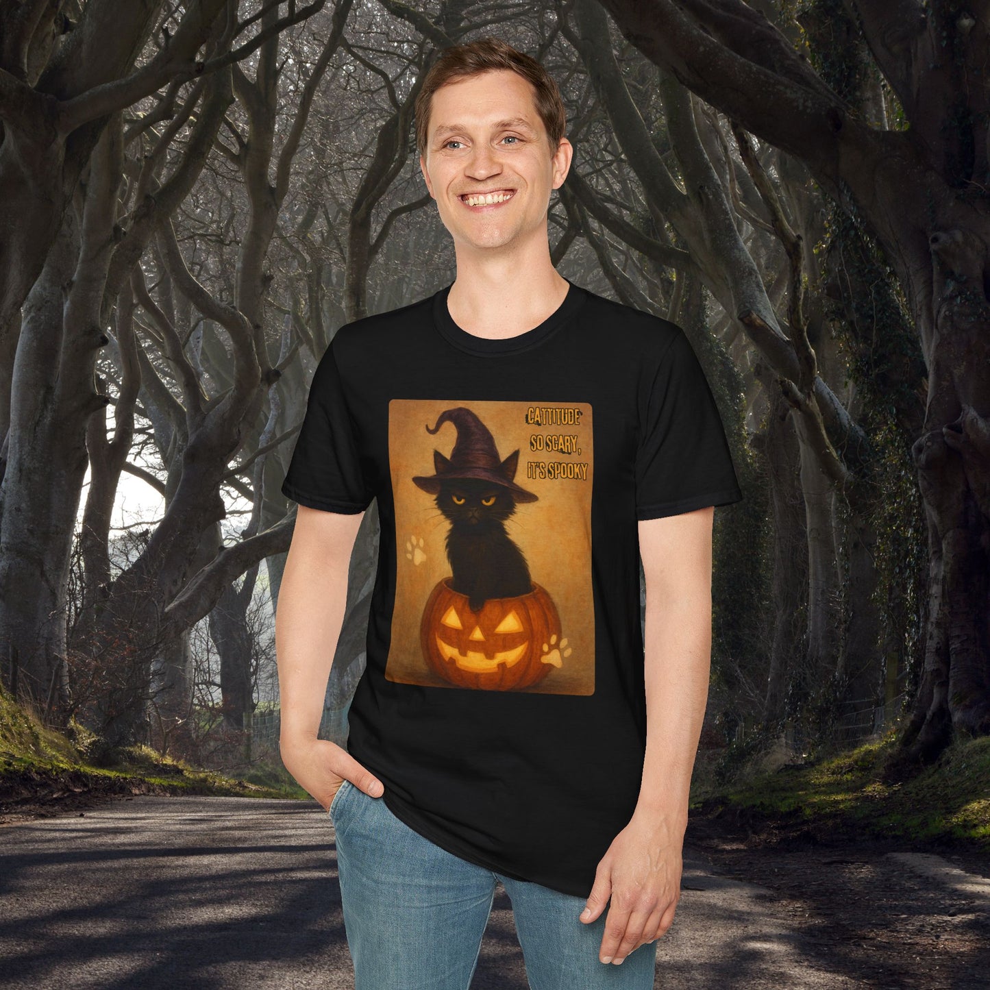 Catitude So Scary, It's Spooky Halloween Cat T-Shirt, Spooky Cat Tee, Unisex Graphic Shirt, Comfortable Halloween Apparel, Perfect for Trick-or-Treating