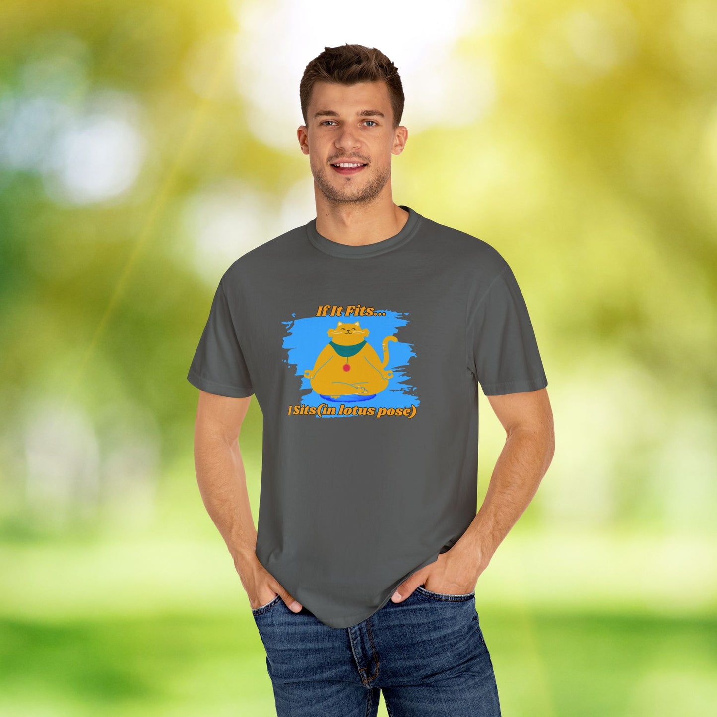 "If It Fits, I Sit" - Relaxed Yoga Cat T-shirt, Yoga Apparel, Animal Lover Gift, Meditation Top, Funny Cat Shirt