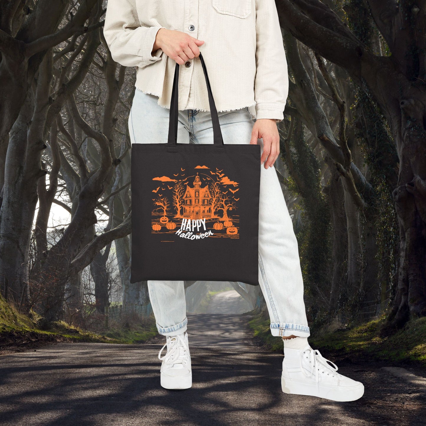 Midnight Mischief at the Haunted Hollow - Happy Halloween Cotton Canvas Tote Bag, Spooky Trick or Treat Bag, Eco-Friendly Halloween Shopping Bag, Fall Festival Tote