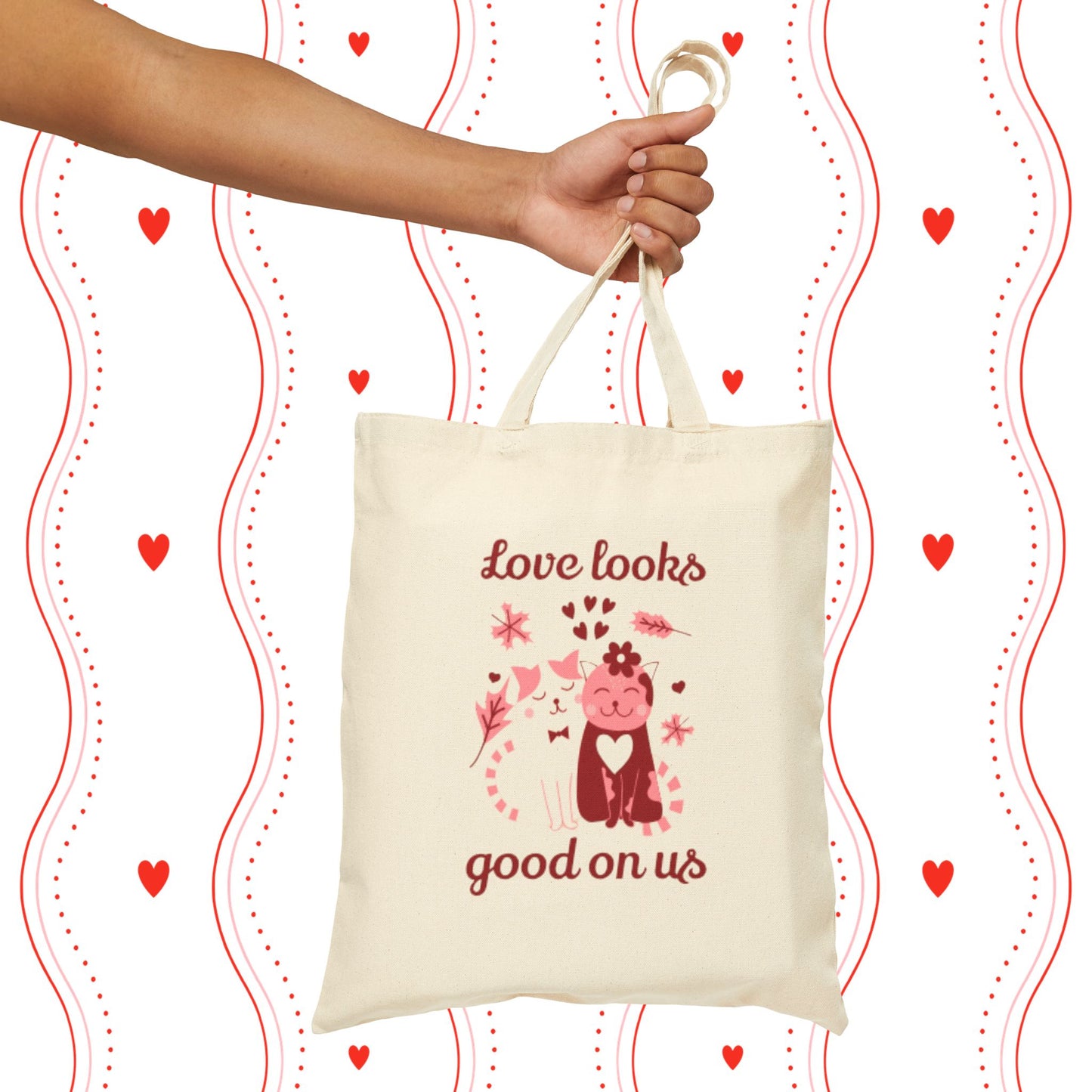 Love Looks Good On Us Tote Bag — Cute Cat & Heart Canvas Shopper