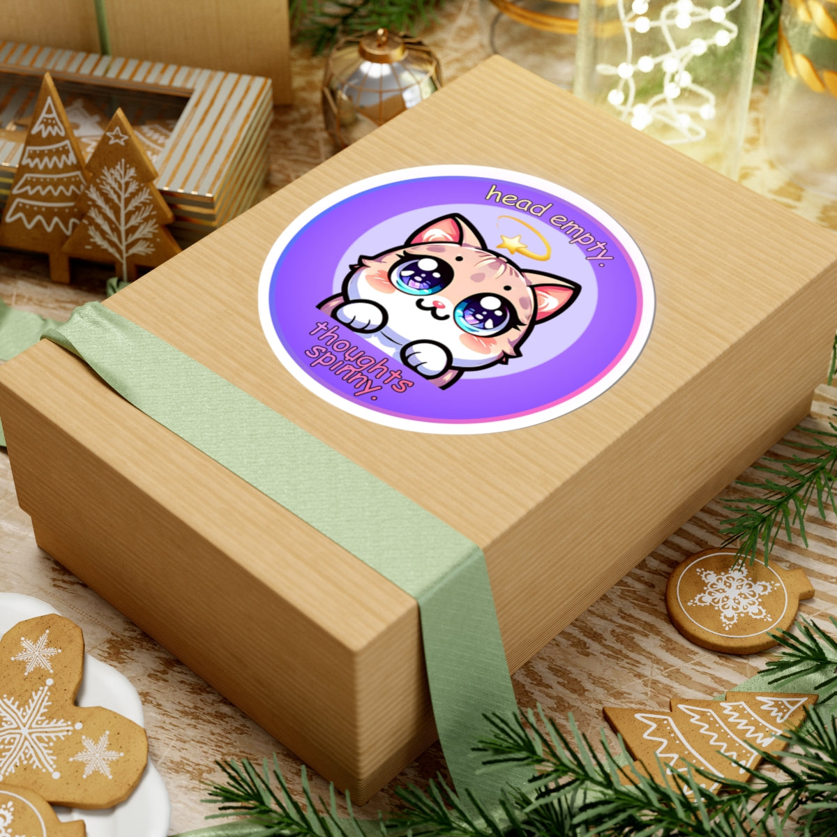 Kawaii Cat Sticker — "Head Empty, Thoughts Spinny" Round Kiss-Cut Vinyl Sticker