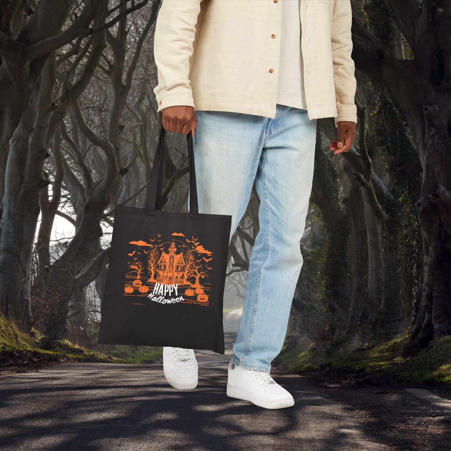 Midnight Mischief at the Haunted Hollow - Happy Halloween Cotton Canvas Tote Bag, Spooky Trick or Treat Bag, Eco-Friendly Halloween Shopping Bag, Fall Festival Tote