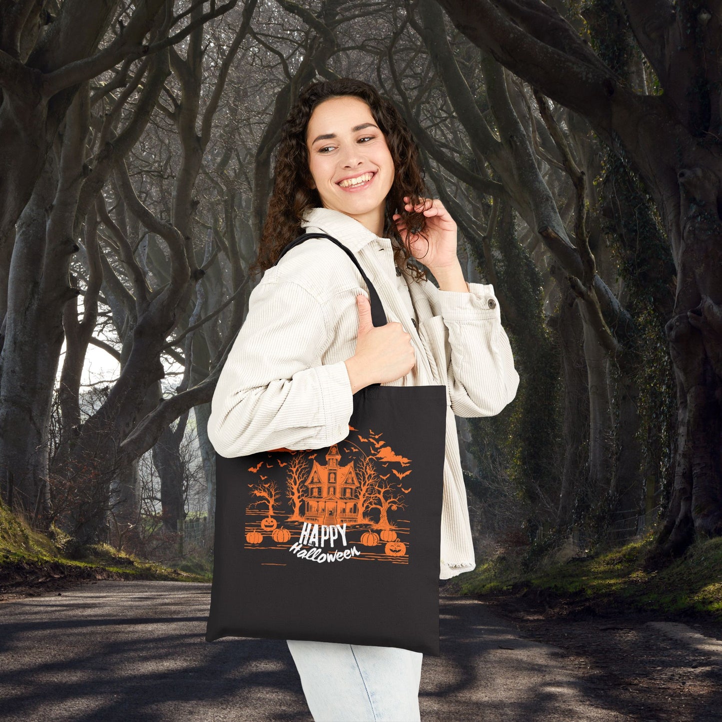 Midnight Mischief at the Haunted Hollow - Happy Halloween Cotton Canvas Tote Bag, Spooky Trick or Treat Bag, Eco-Friendly Halloween Shopping Bag, Fall Festival Tote
