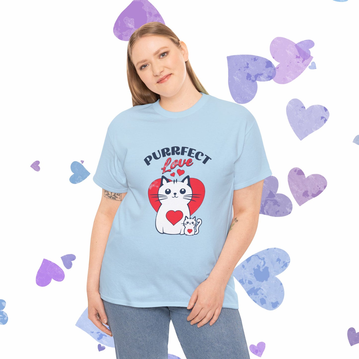 Purrfect Love Cat T-Shirt — Cute Heart Cat Graphic Tee for Cat Lovers, Valentine's Day Gift