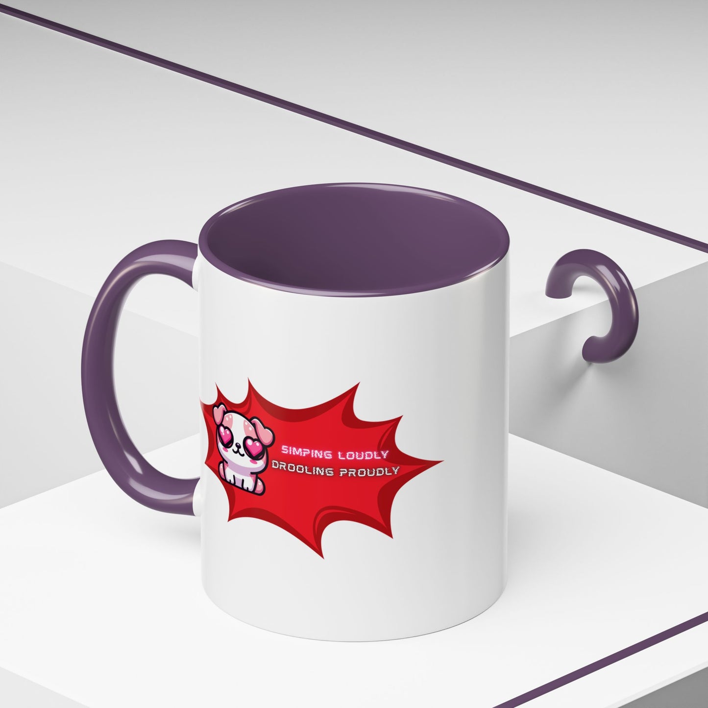 Cute Pink Bulldog Coffee Mug — “Simping Loudly, Drooling Proudly” Kawaii Heart-Eyed