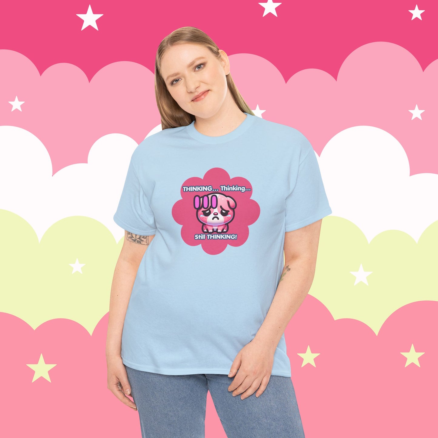 Contemplating Pink Bulldog Emote "Thinking... Still Thinking!" MoodT-Shirt