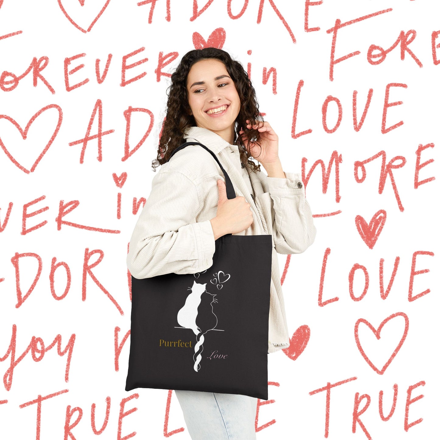 Love Cats Tote Bag — "Purrfect Love" Romantic Cat Couple Canvas Tote