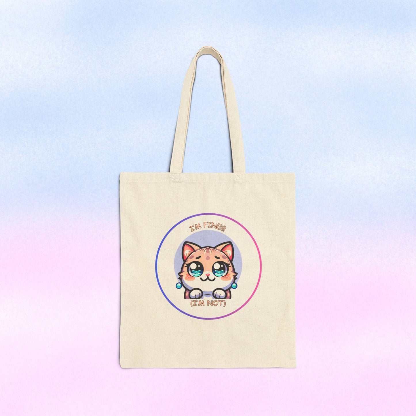 Tote Bag — Cute Kawaii Cat Meltdown Emote “I’m Fine (I’m Not)” Cotton Canvas Tote