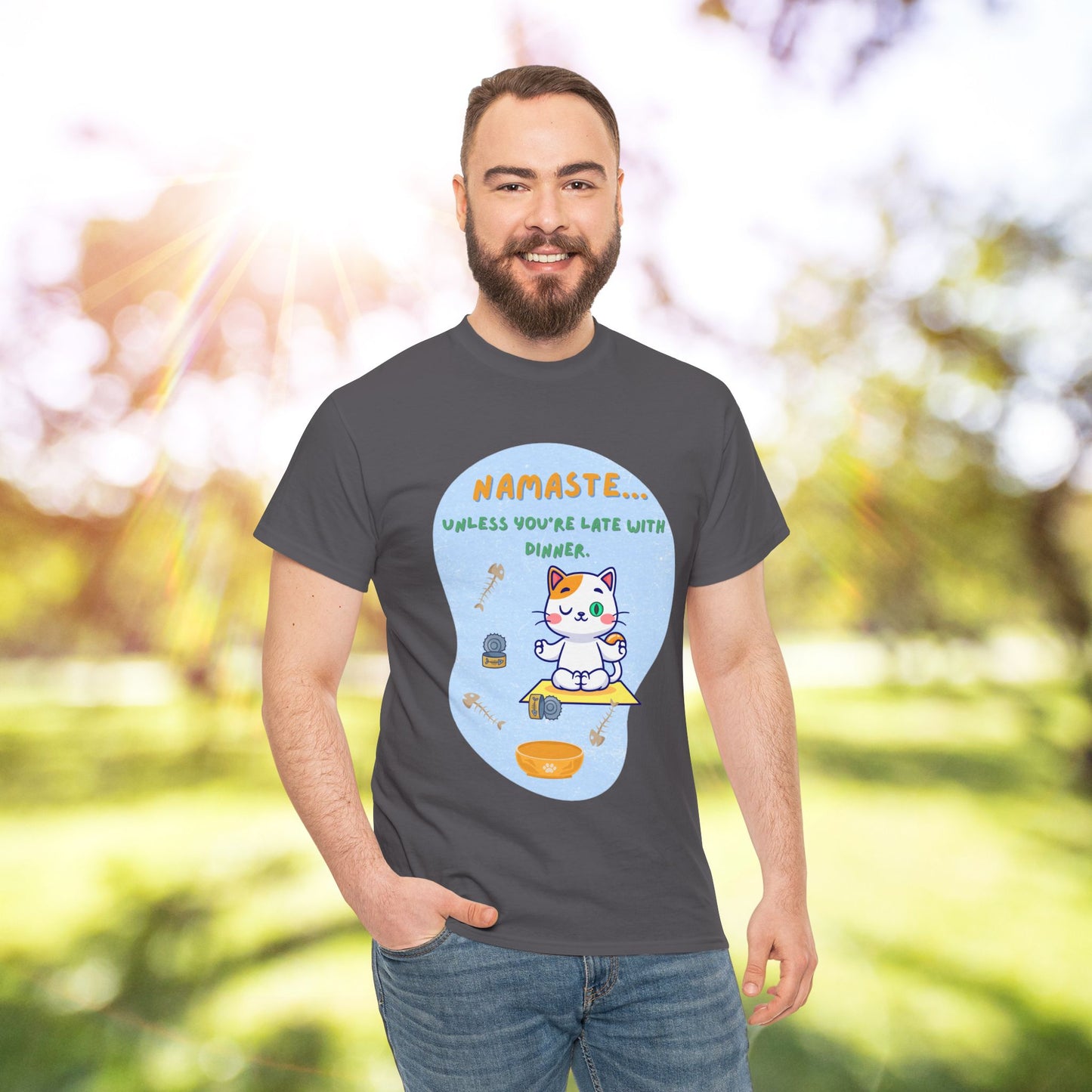 Namaste Cat Unisex Heavy Cotton Tee, Yoga Shirt, Funny Tee, Gift for Cat Lovers, Relaxed Fit T-Shirt
