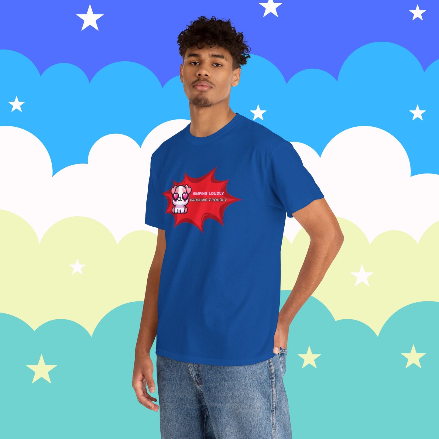 Kawaii Heart-Eyed "Simping Loudly, Drooling Proudly" Pink Bulldog T-Shirt
