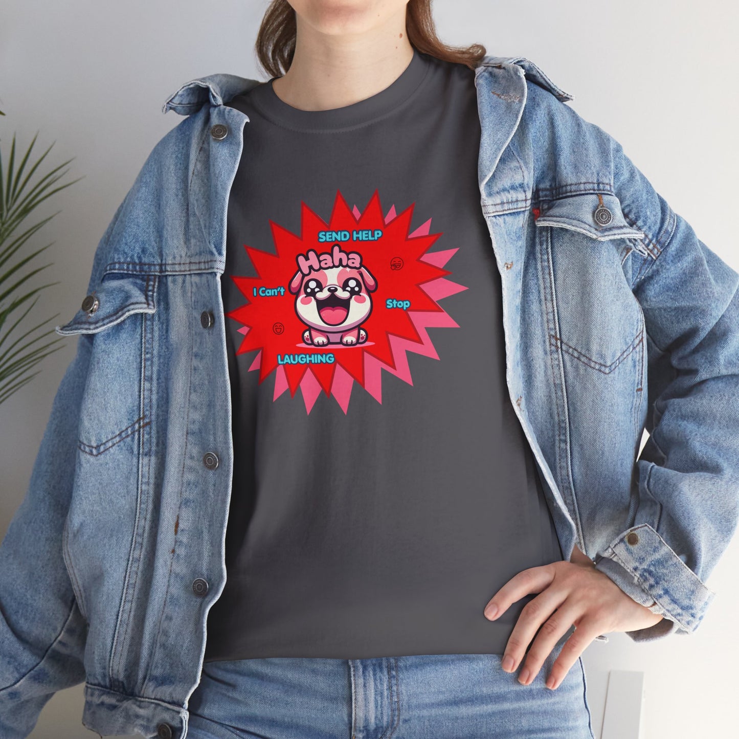 Laughing Pink Bulldog T-Shirt — "Help, I Can't Stop Laughing" Funny Emote Tee
