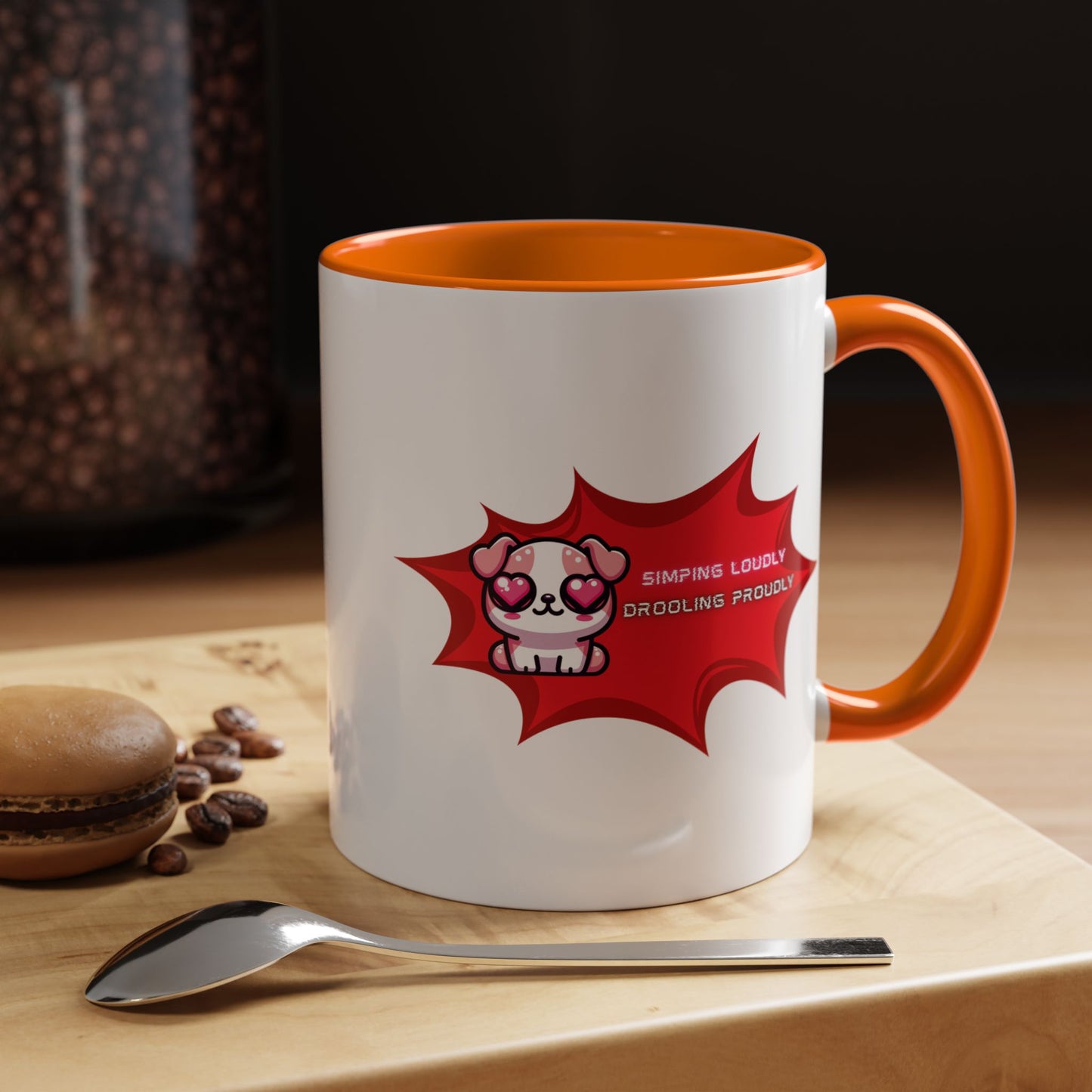 Cute Pink Bulldog Coffee Mug — “Simping Loudly, Drooling Proudly” Kawaii Heart-Eyed