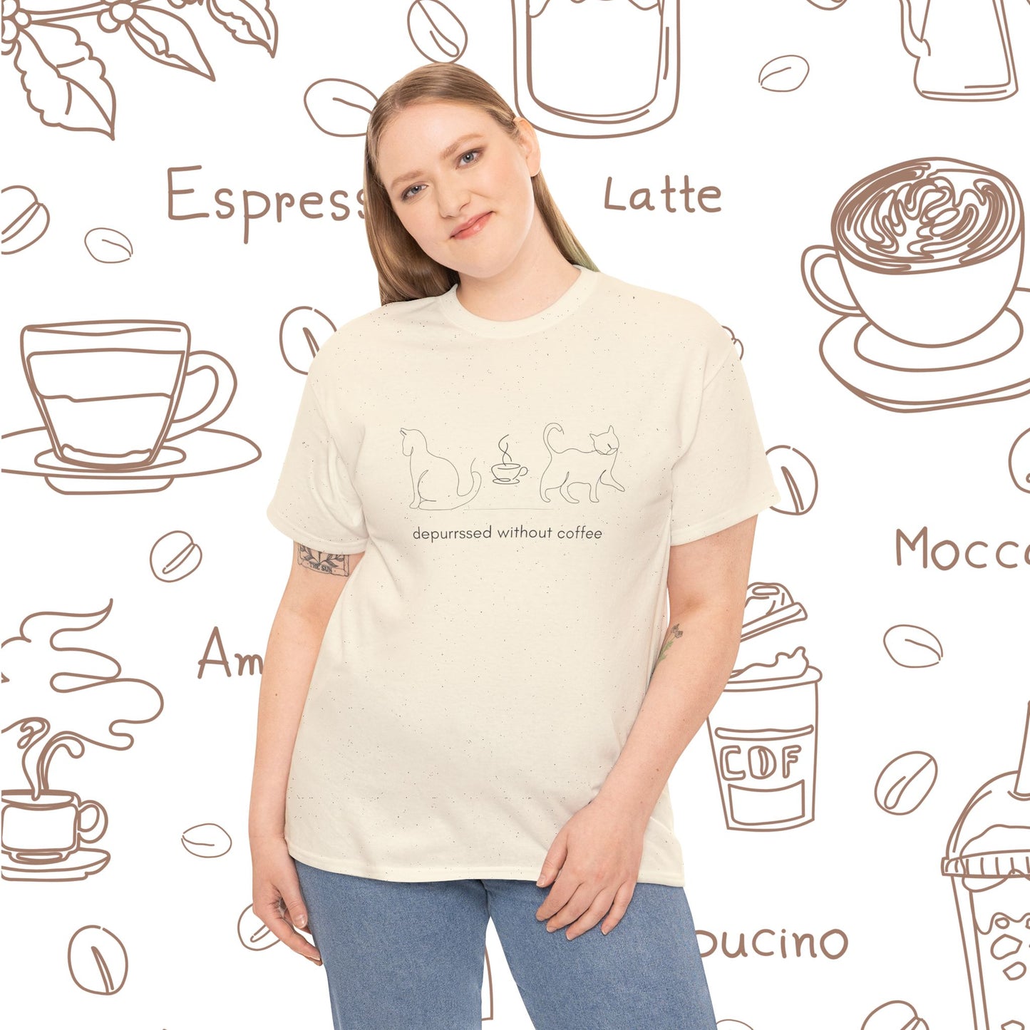 Depurrssed Without Coffee — Minimalist Caffeine Tee, Coffee Cat T‑Shirt