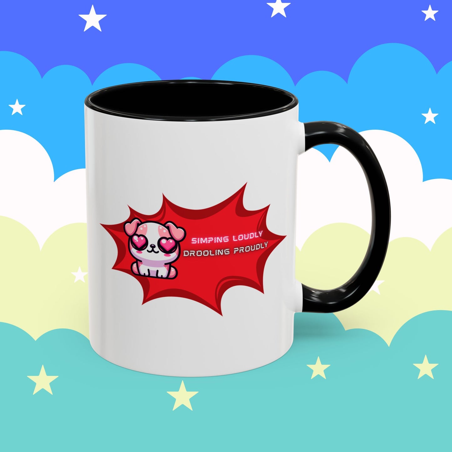 Cute Pink Bulldog Coffee Mug — “Simping Loudly, Drooling Proudly” Kawaii Heart-Eyed