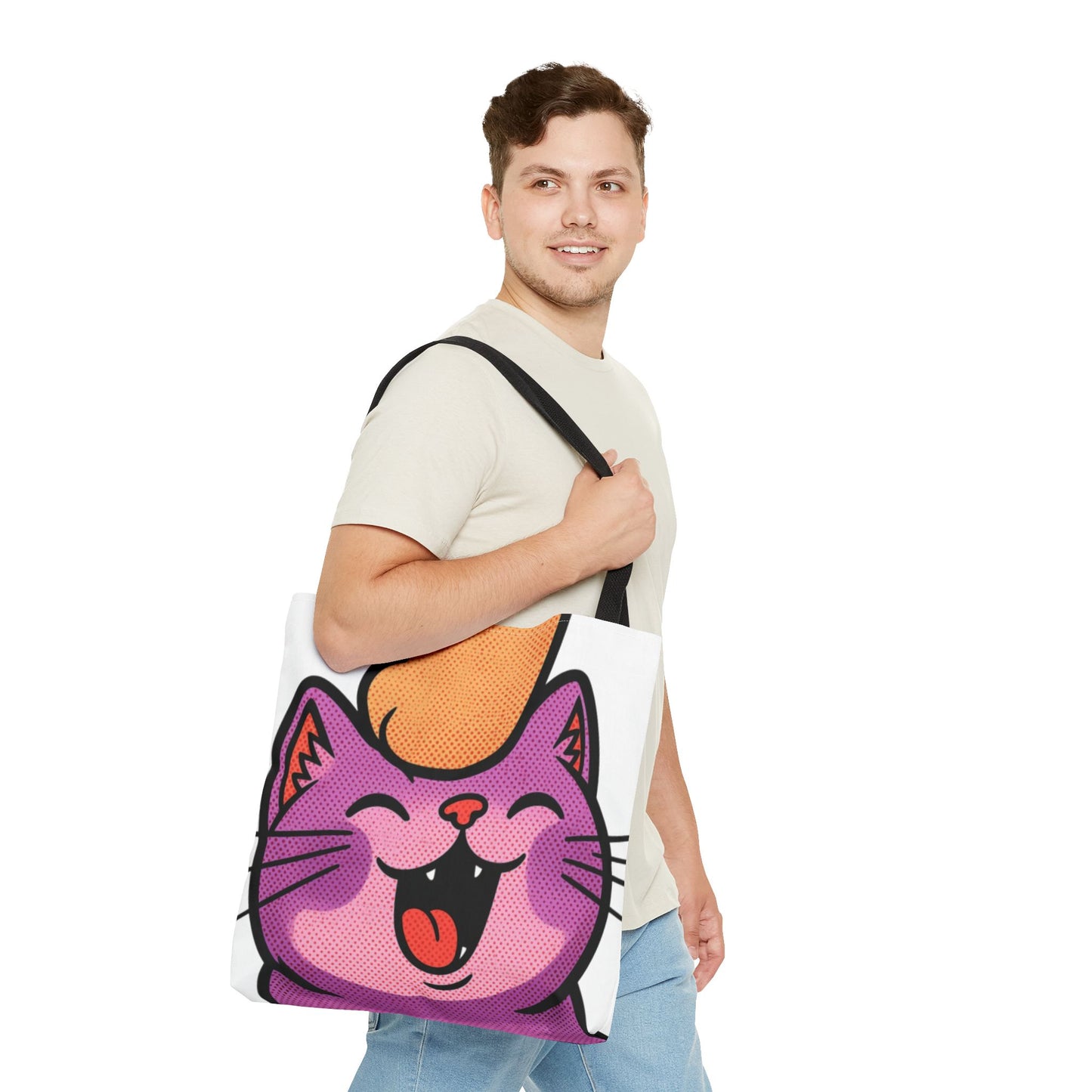 Happy Purple Cat Tote Bag — Cute Kawaii Cat Face AOP Tote