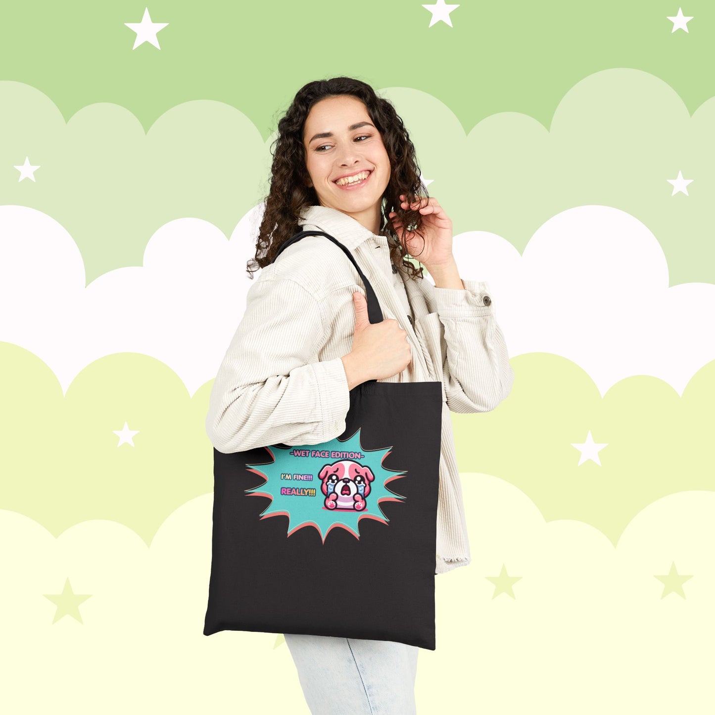 Cute Crying Pink Bulldog Tote Bag — "Wet Face Edition: I'm Fine! REALLY!!!"