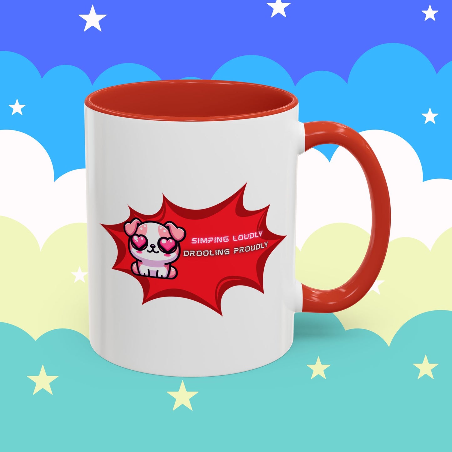 Cute Pink Bulldog Coffee Mug — “Simping Loudly, Drooling Proudly” Kawaii Heart-Eyed