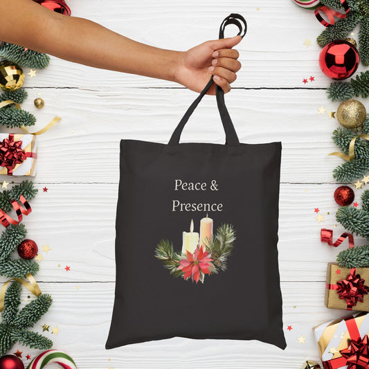 Tote Bag — "Peace & Presence" Holiday Candle Poinsettia Canvas Tote, Cozy Christmas Aesthetic