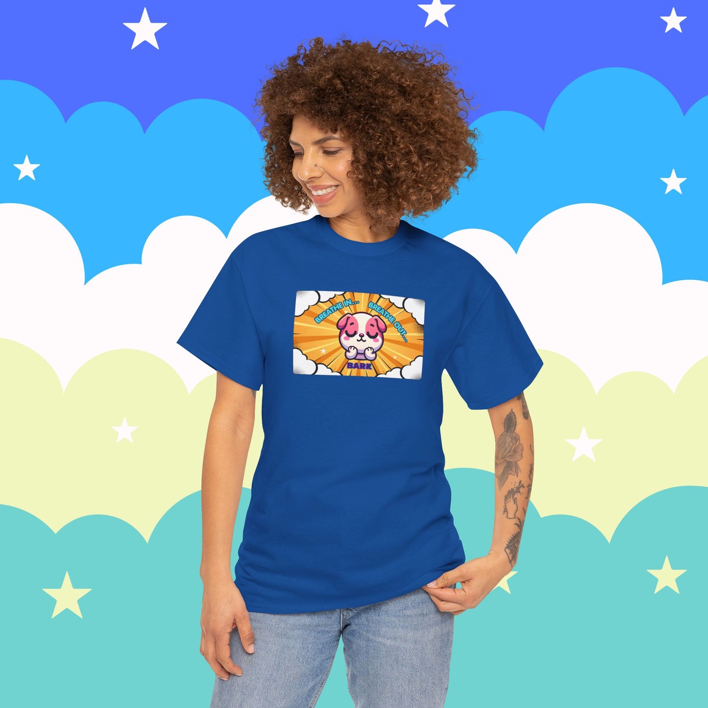 Stay Calm Pink Bulldog T-Shirt — "Breath in, Breath out, Bark" Funny Tee