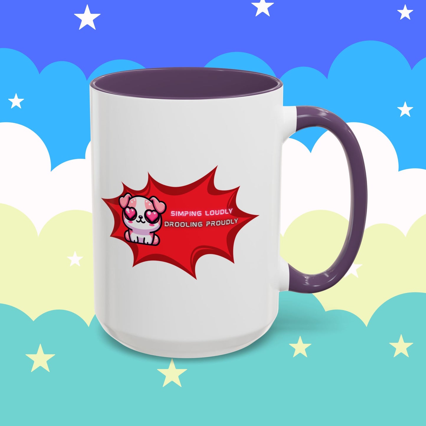 Cute Pink Bulldog Coffee Mug — “Simping Loudly, Drooling Proudly” Kawaii Heart-Eyed