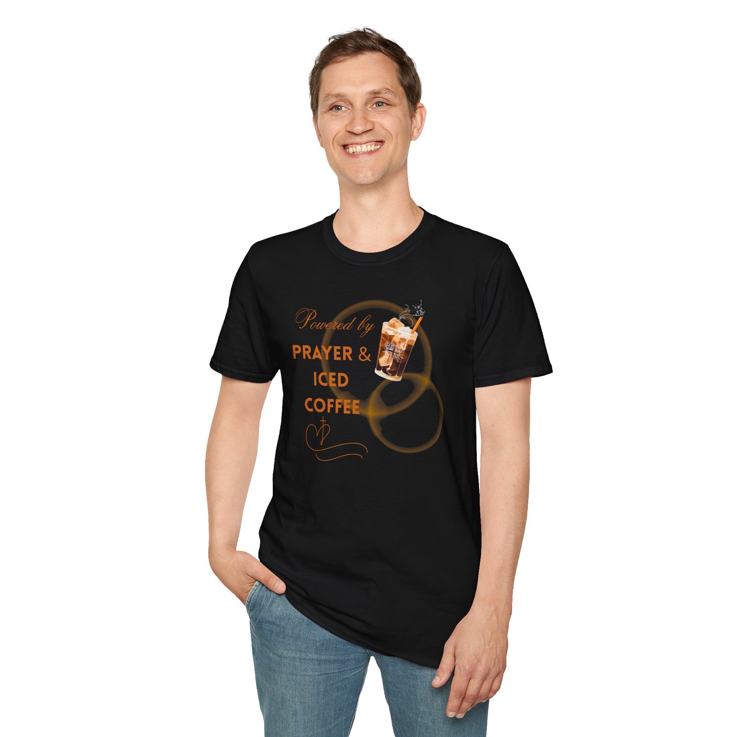 Fueled by Faith & Caffeine - "Powered by Prayer & Iced Coffee" Christian Tee - Perfect Gift for Baristas, Birthdays, and Summer Days