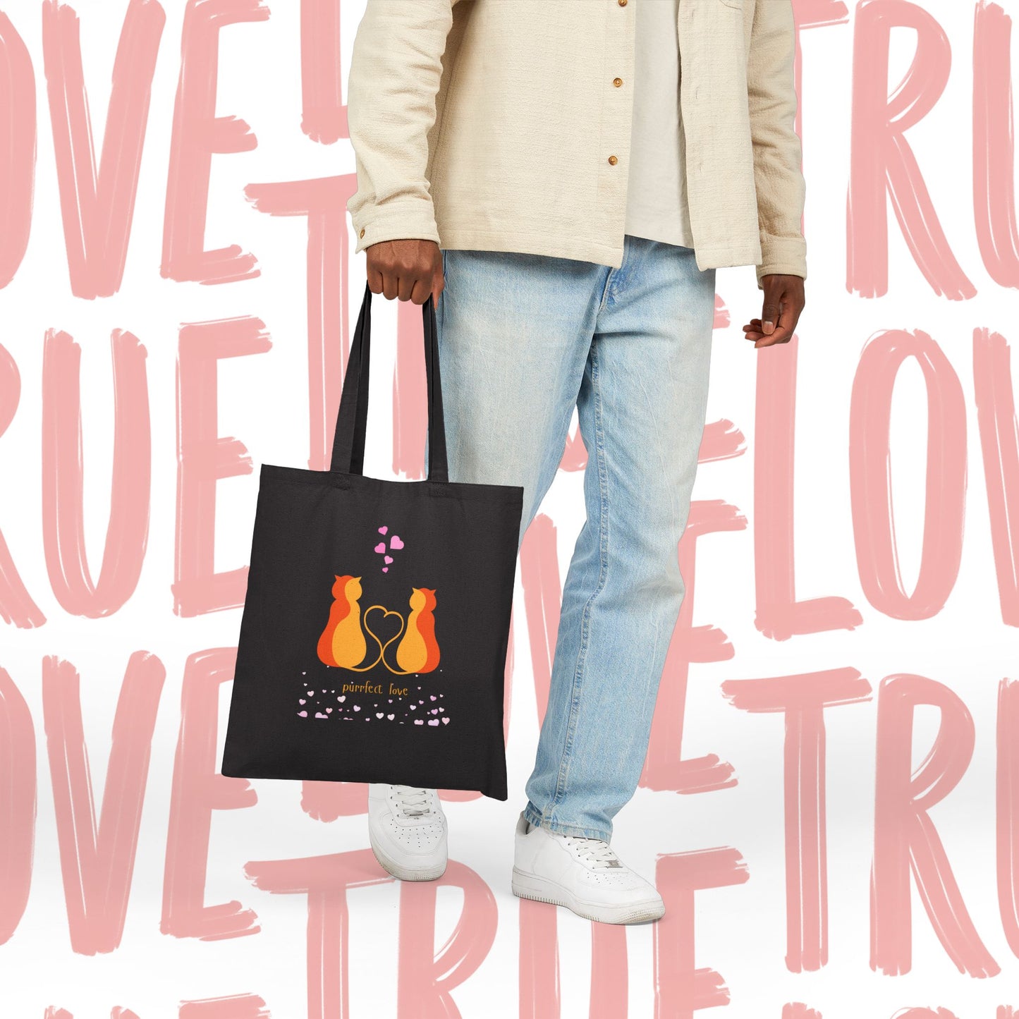 Cat Lovers Tote Bag — "Perfect Love" Canvas Tote for Valentine’s & Everyday Use