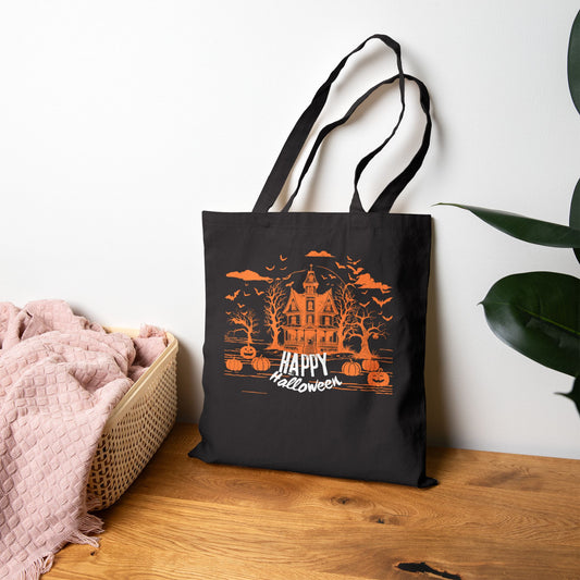 Midnight Mischief at the Haunted Hollow - Happy Halloween Cotton Canvas Tote Bag, Spooky Trick or Treat Bag, Eco-Friendly Halloween Shopping Bag, Fall Festival Tote