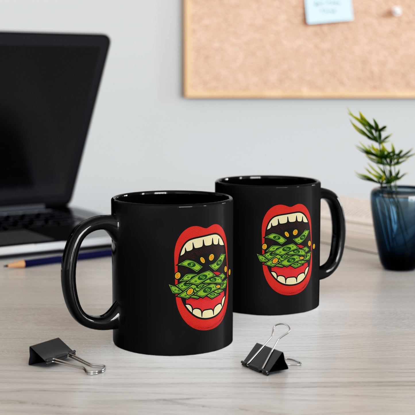 Money Mouth Mug — "Eating Prosperity" Black Coffee Cup with Cash-Throwing Lips (11oz, 15oz)