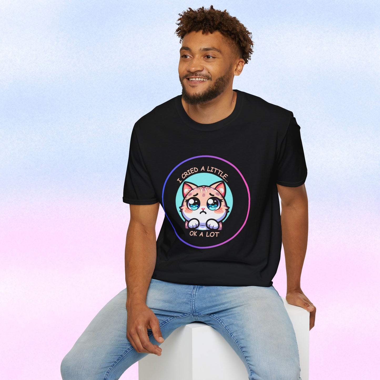 I Cried a Little.... OK a Lot - Sad Kawaii Cat Illustration T-Shirt | Cute Crying Kitty Graphic