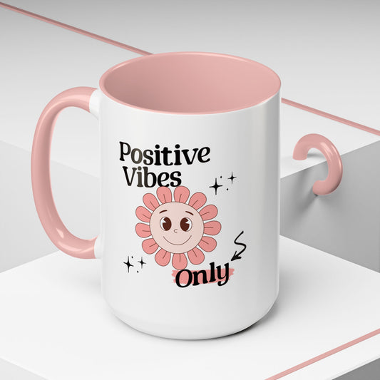 Retro Smiling Pink Flower Accent Coffee Mug — "Positive Vibes Only"