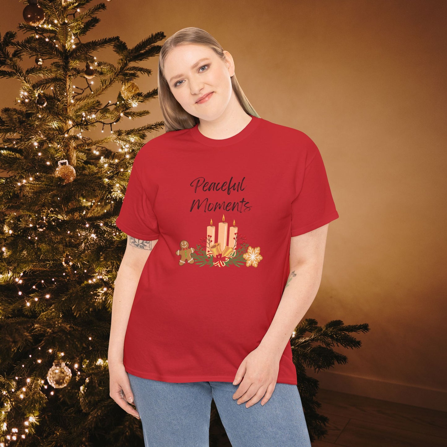 Peaceful Moments Tee — Holiday Candle & Floral Graphic T-Shirt, Cozy Christmas Aesthetic