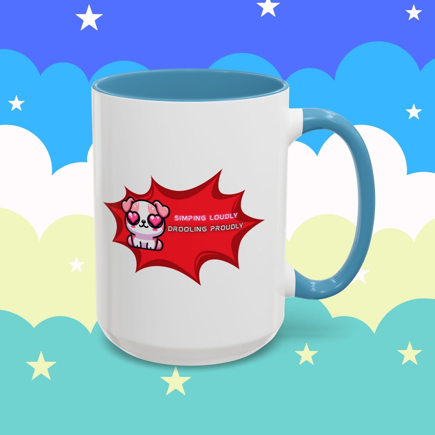 Cute Pink Bulldog Coffee Mug — “Simping Loudly, Drooling Proudly” Kawaii Heart-Eyed