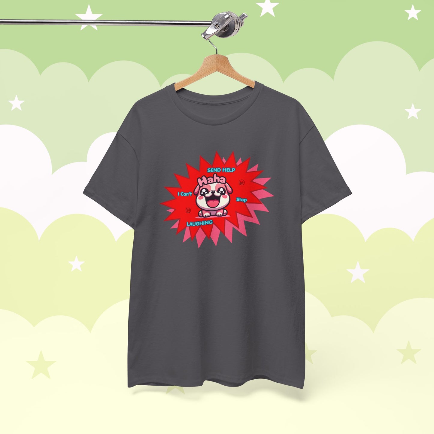 Laughing Pink Bulldog T-Shirt — "Help, I Can't Stop Laughing" Funny Emote Tee