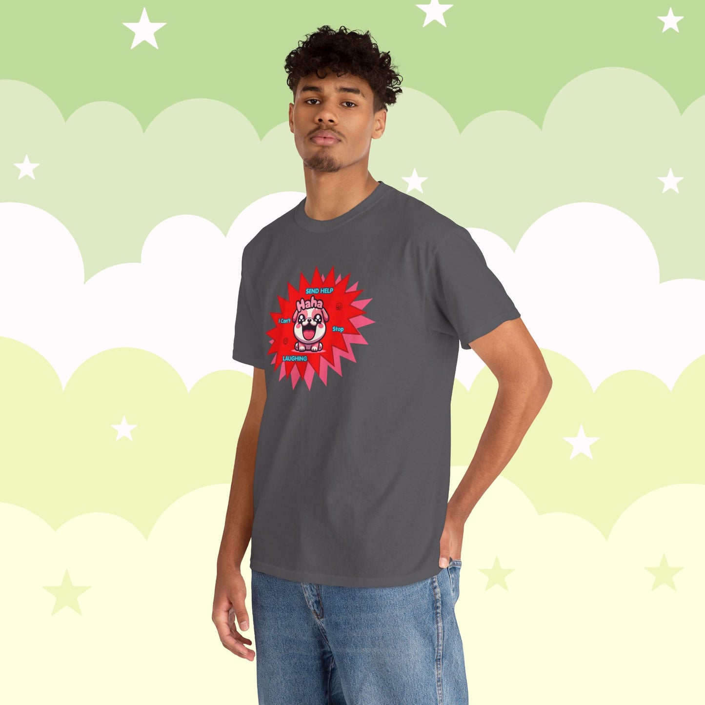 Laughing Pink Bulldog T-Shirt — "Help, I Can't Stop Laughing" Funny Emote Tee