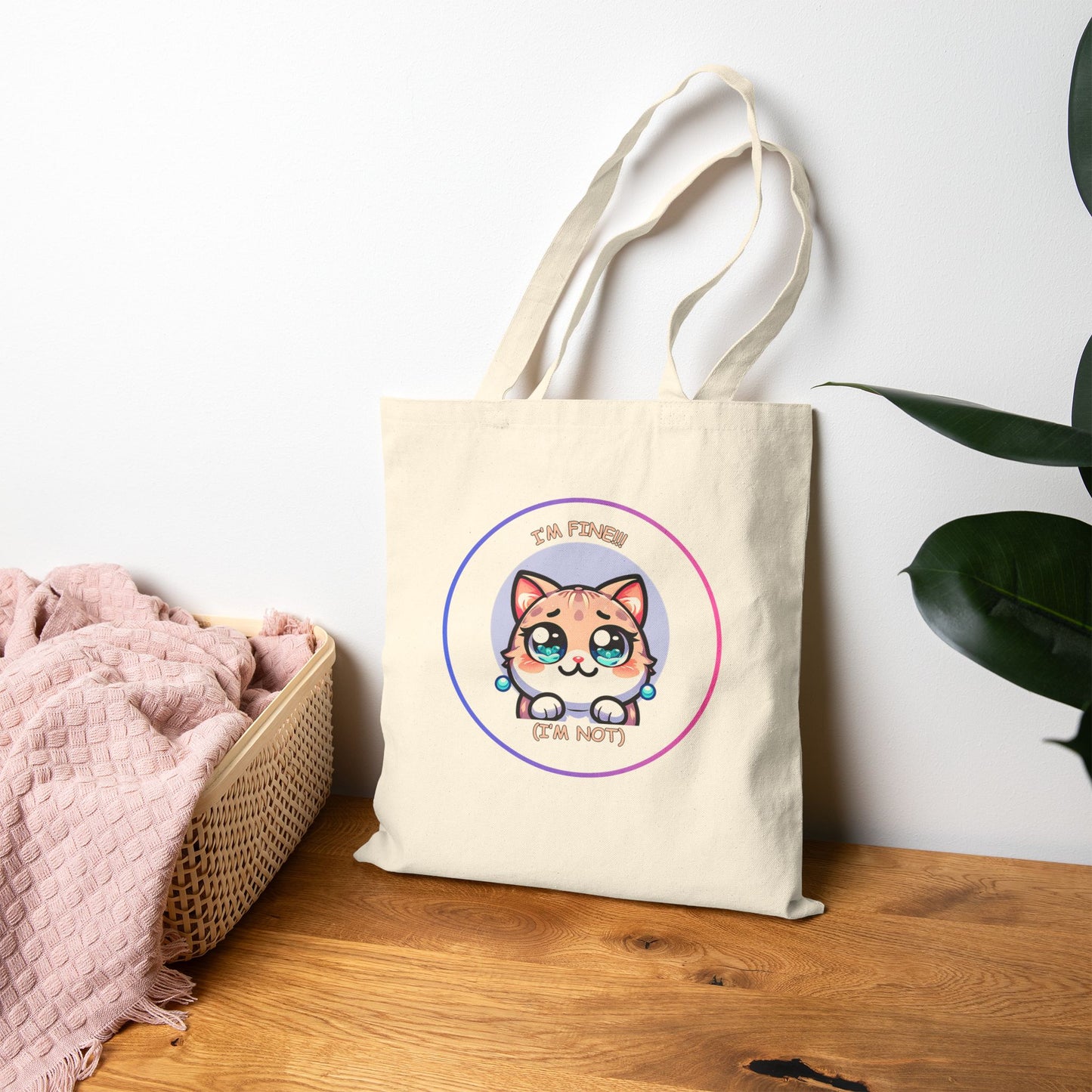 Tote Bag — Cute Kawaii Cat Meltdown Emote “I’m Fine (I’m Not)” Cotton Canvas Tote