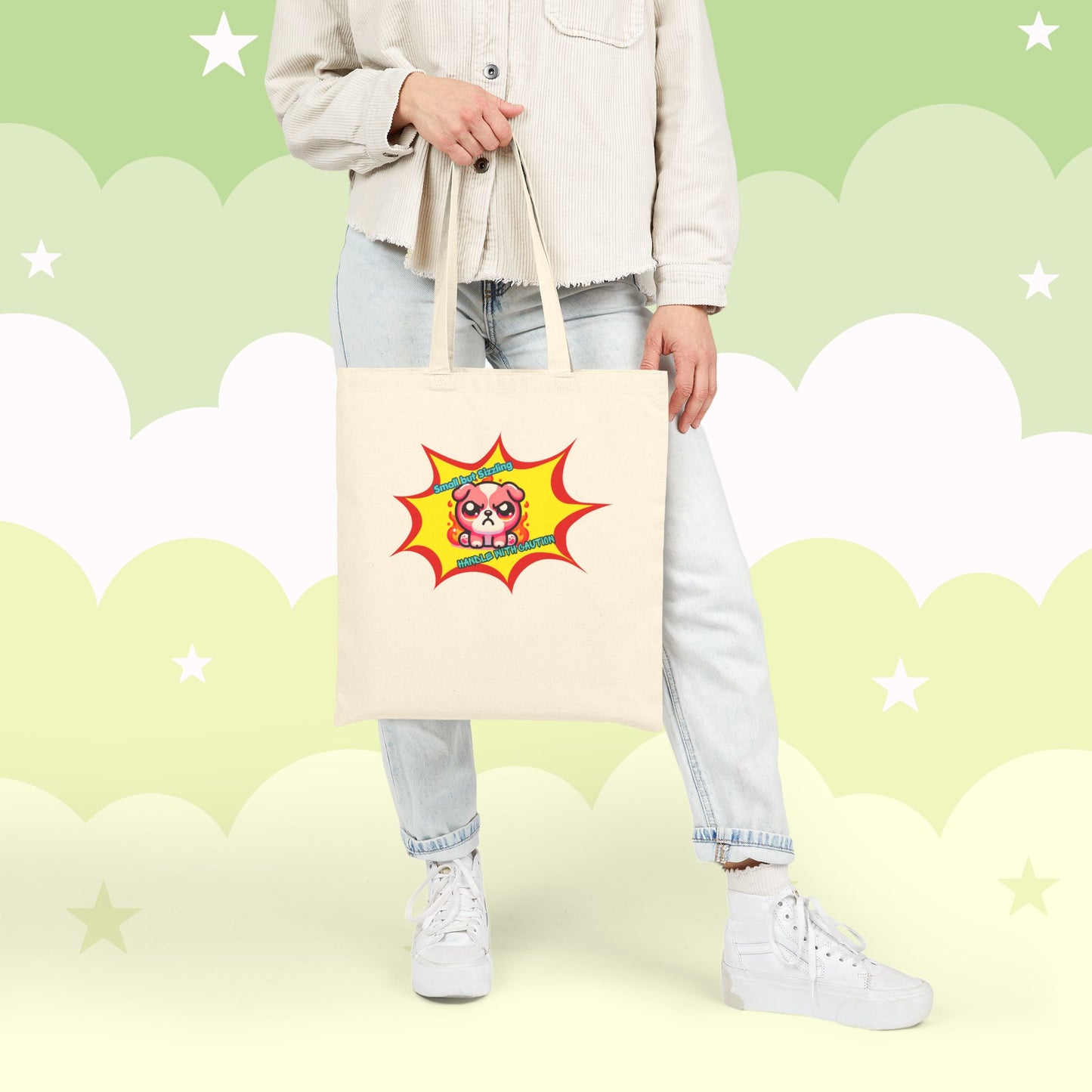 Pink Bulldog Tote Bag, "Small but Sizzling, Handle with Caution' Cute Fiery Mad Pink Emote
