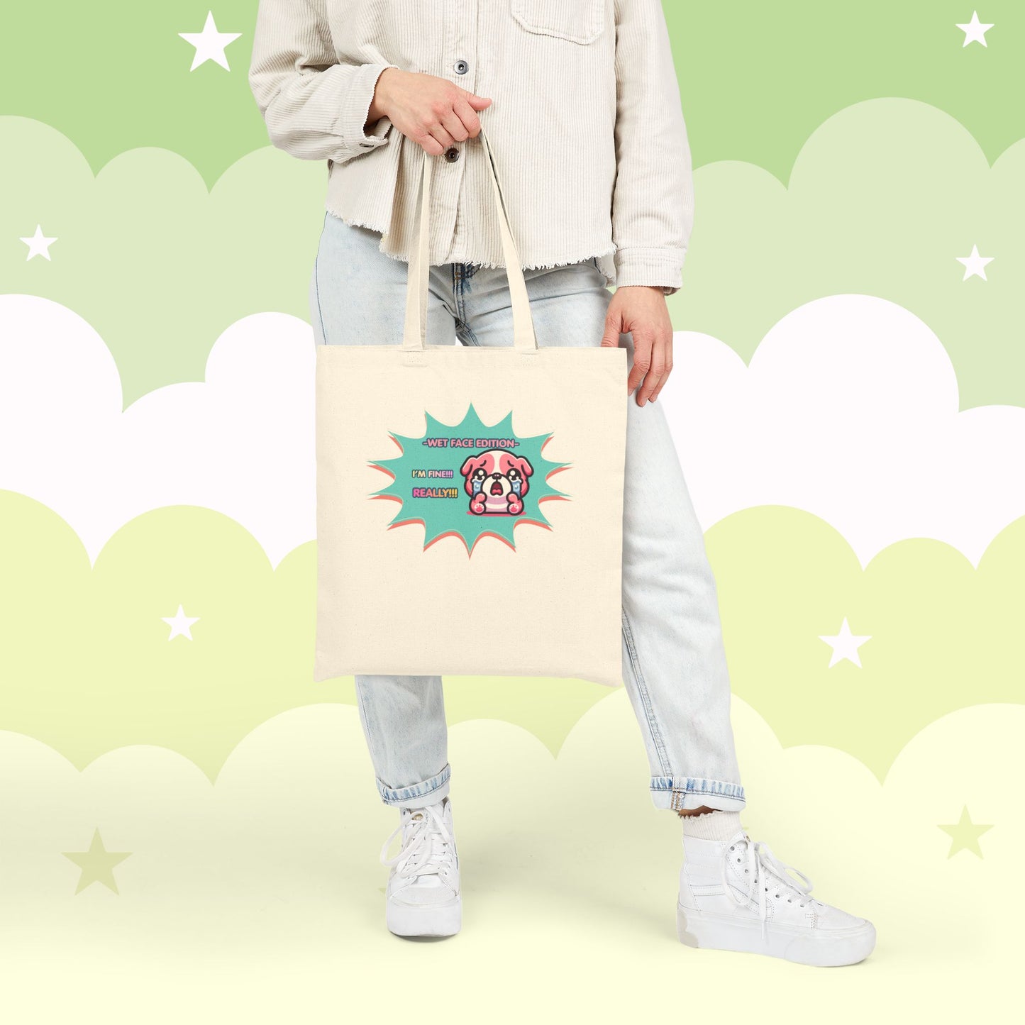 Cute Crying Pink Bulldog Tote Bag — "Wet Face Edition: I'm Fine! REALLY!!!"