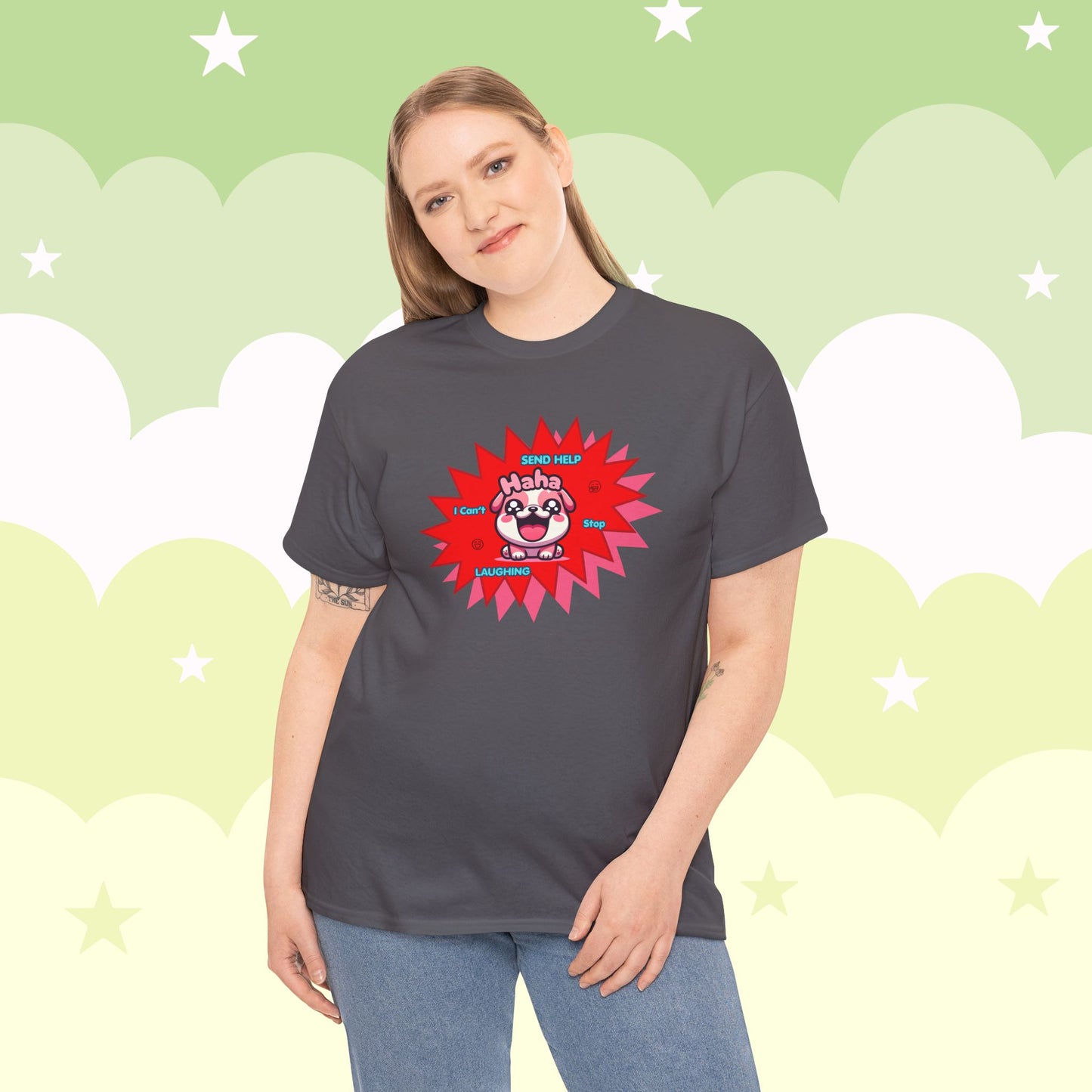 Laughing Pink Bulldog T-Shirt — "Help, I Can't Stop Laughing" Funny Emote Tee