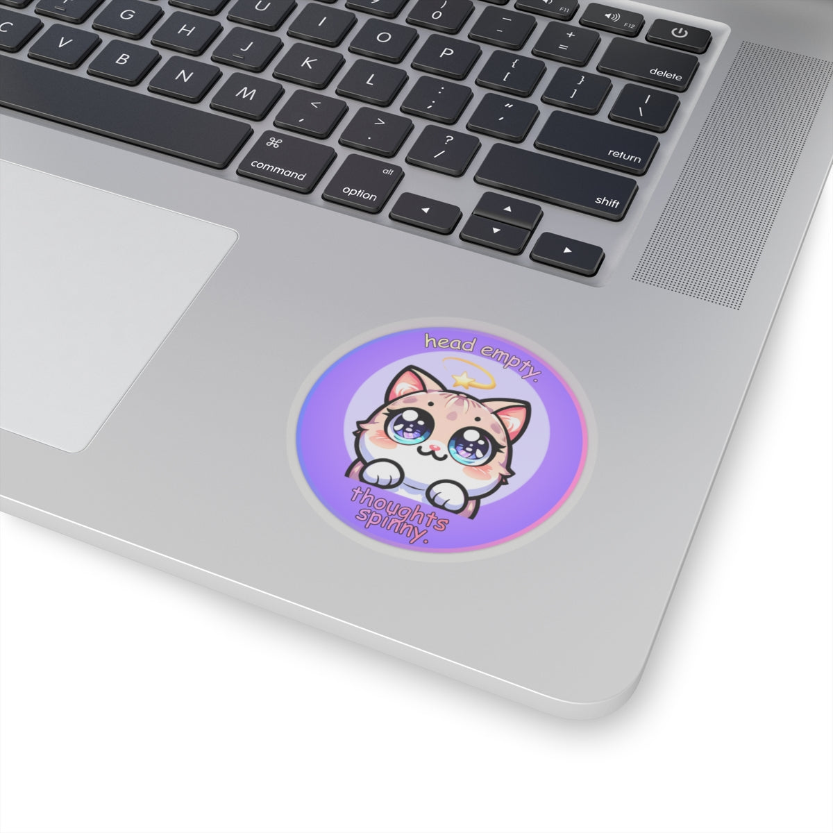 Kawaii Cat Sticker — "Head Empty, Thoughts Spinny" Round Kiss-Cut Vinyl Sticker