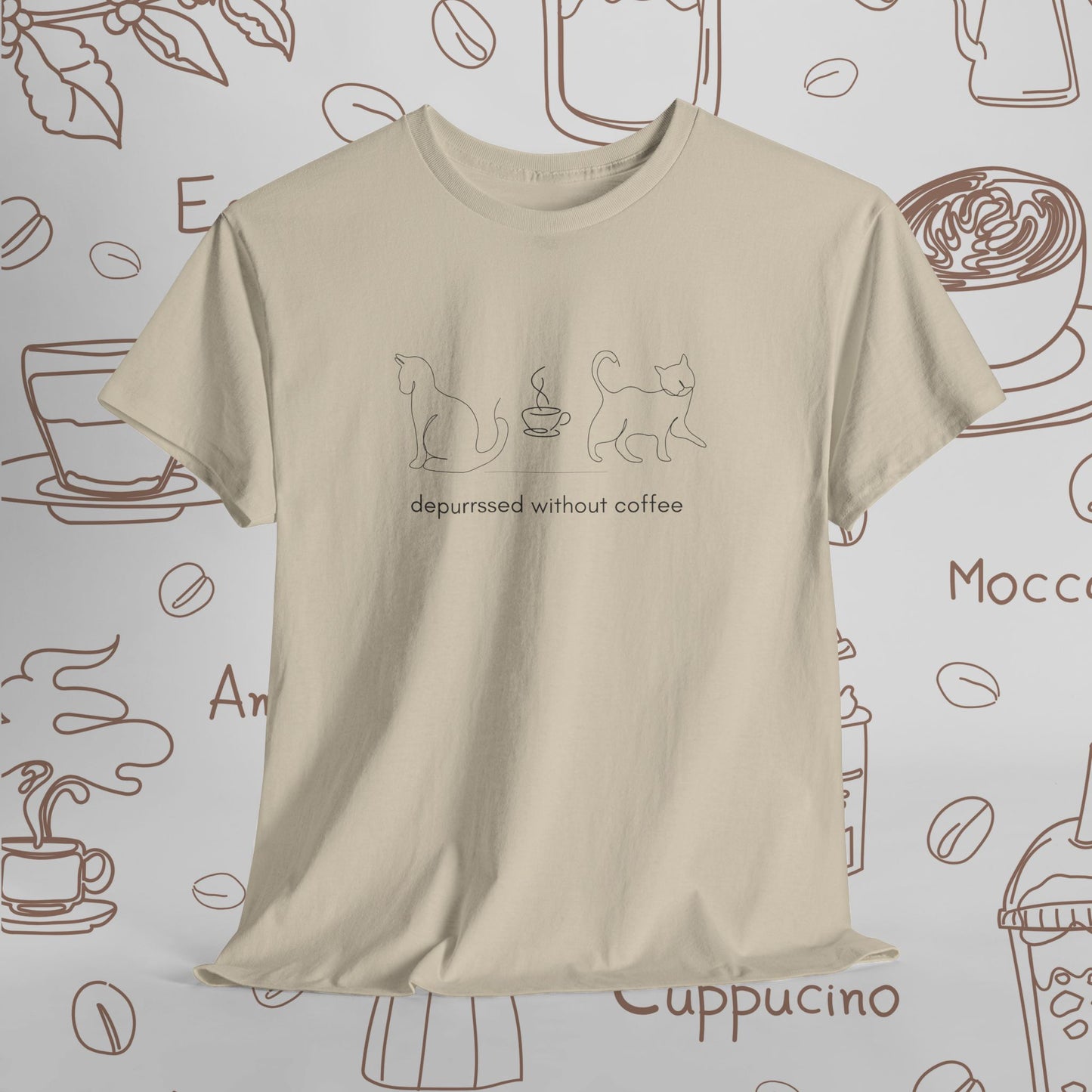 Depurrssed Without Coffee — Minimalist Caffeine Tee, Coffee Cat T‑Shirt