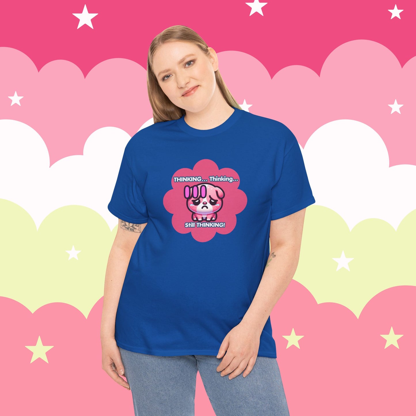 Contemplating Pink Bulldog Emote "Thinking... Still Thinking!" MoodT-Shirt