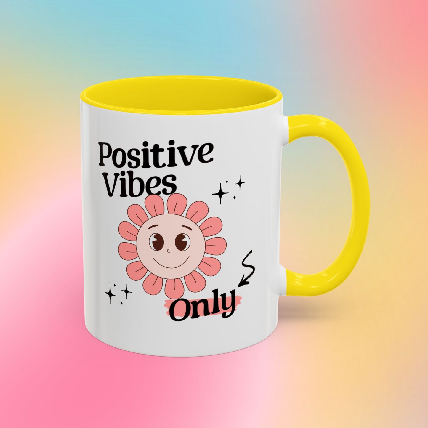 Retro Smiling Pink Flower Accent Coffee Mug — "Positive Vibes Only"