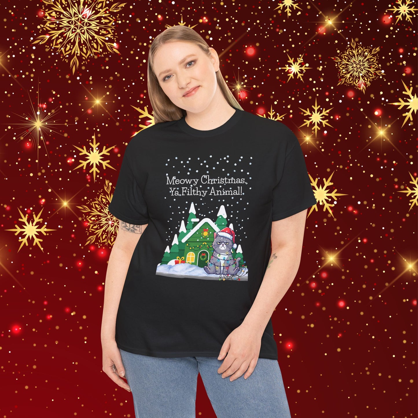 Christmas Cat T-Shirt — “Meowy Christmas Ya Filthy Animal” Holiday Tee