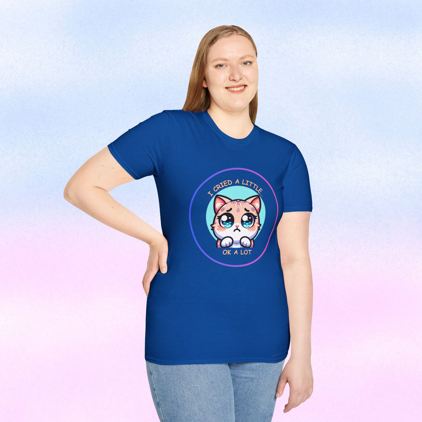 I Cried a Little.... OK a Lot - Sad Kawaii Cat Illustration T-Shirt | Cute Crying Kitty Graphic