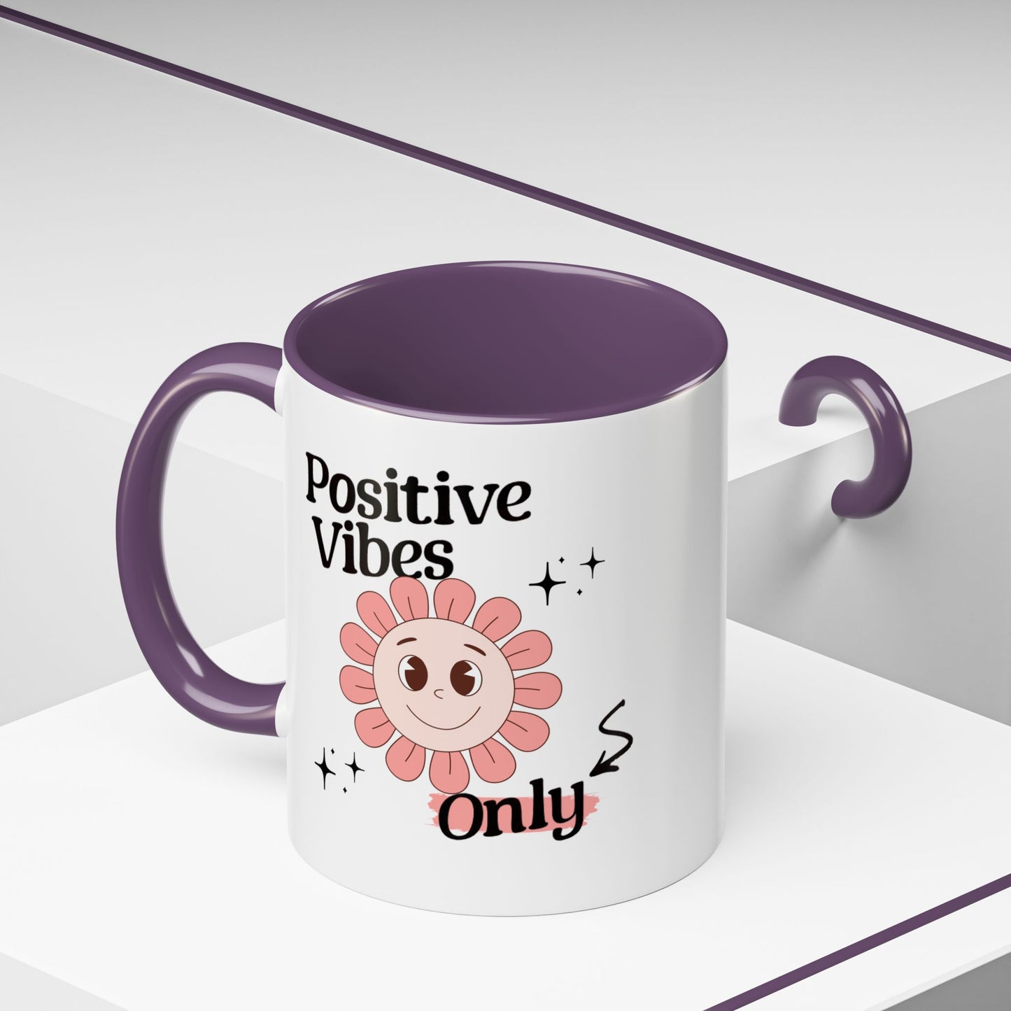 Retro Smiling Pink Flower Accent Coffee Mug — "Positive Vibes Only"